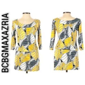 BCBG MaxAzria Yellow Blk Gray Leaf Print Scoop Neck Blouson Dress XS 3/4 Sleeve